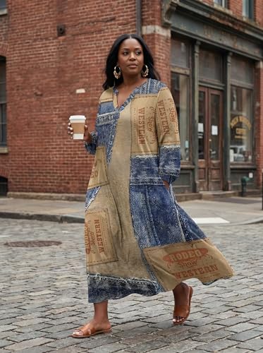 Image of SUZONANA Plus Size Denim Print Maxi Dresses for Women Casual V Neck Short Sleeve with Pockets Soft Jean Look Dress XL-6XL