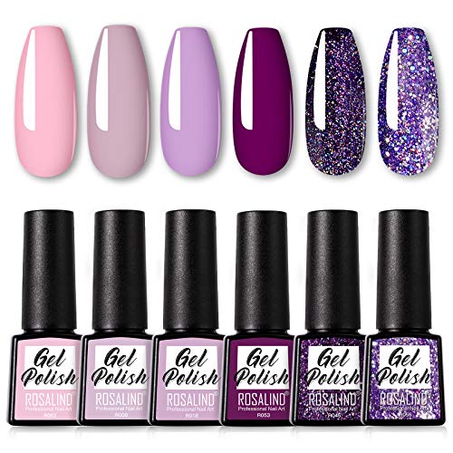 ROSALIND 7.3ml Gel Nail Polish 6pcs Purple Glitter,Nail Art Desgin Soak Off Nail Gel Set DIY at Home