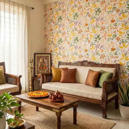Image of Wallpaper for Walls | Vertical Wood Wall Stickers for Wall Decor | Self Adhersive Wall Paper for Home Kitchen Living Room and Bedroom | 45 Cm X 500 Cm | (Golden Botanical Bliss)