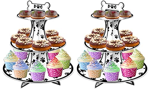 2 Set 3-Tier Dog Paw Print Round Cardboard Cupcake Stand For 24 Cupcakes Perfect For Kids Dog Paw Print Theme Birthday Party Decorations Dog Paw Print Party Supplies Cupcake Topper #TOP5