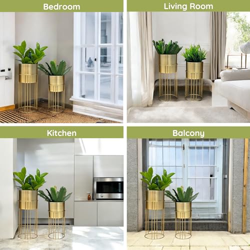Image of Decorative Gold Metal Planters with Stand for Living Room | 24 inch & 19 inch (Height) x 10 inch & 9 inch (Diameter) | Modern Indoor Planters and Flower Pots Set of 2 (Gold)