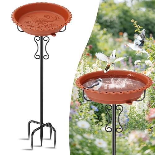 Ouinis Bird Bath for Outside,40In Freestanding Birdbath with Stable Metal Stake, Rustproof Easy Clean Plastic Bowl for Garden Patio Yard Lawn Decor (Brown)