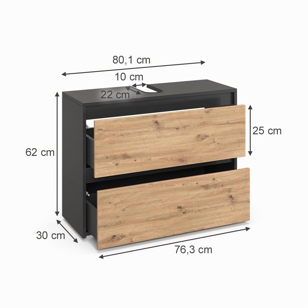Vicco Mueble bajo Lavabo Majest, Artesano, 80.1 x 62 cm | con 2 cajones, para montaje debajo del lavabo para almacenamiento en el baño