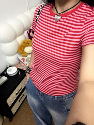 Image of Cute Striped Graphic Tees for Women Y2k Short Sleeve Preppy Teen Crop Tops
