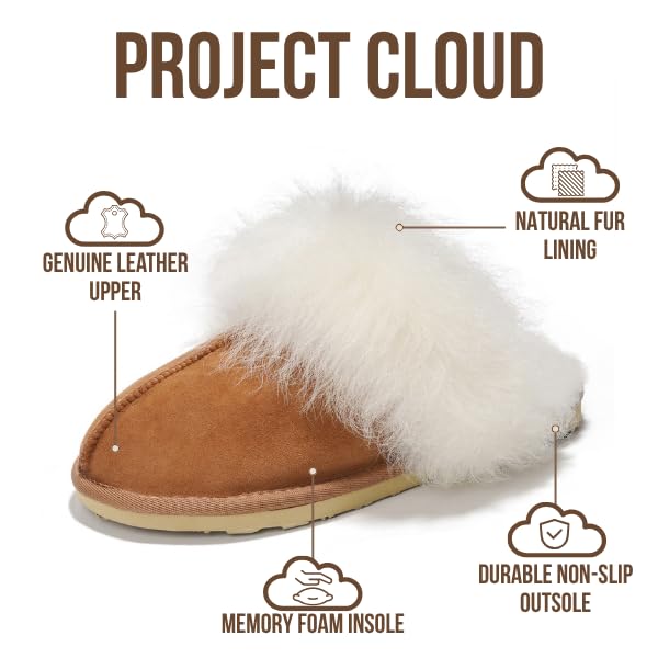 Image of Project Cloud Genuine Leather Slippers for Women with Genuine Fur Lining, Non-Slip Indoor /Outdoor Clog Mule Slippers, Memory Foam Insole