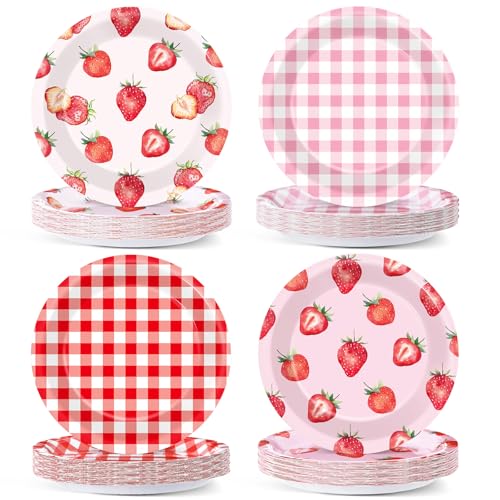 48Pcs Strawberry Paper Plates 7 for Berry First Birthday Party Supplies Red Pink Checkered Strawberry Disposable Dessert Dinner Plates Tableware for Summer Berry Baby Shower Birthday Decoration