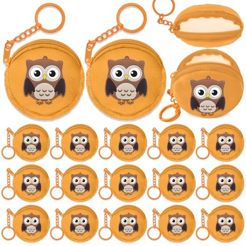 15 Pack Owl Mini Coin Purse with Keyrings for Woodland Animals Birthday Party, Owl Themed Goodie Bag Stuffer, Present for Friends, Creative Souvenirs, Khaki