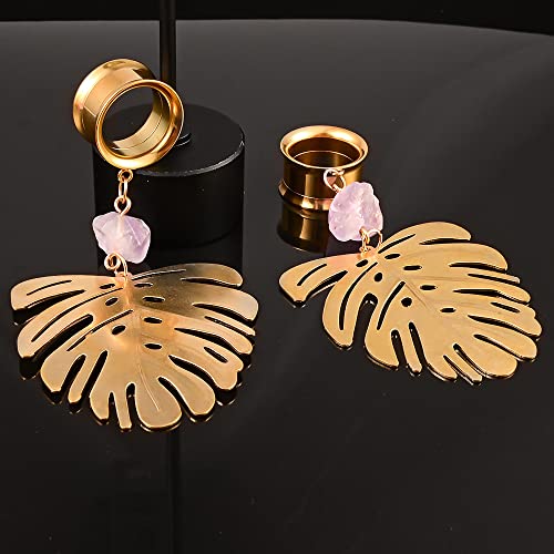 Vankula 2Pcs Elegant Leaves Natural Stone Hypoallergenic Stainless Steel 0G 2G Plugs Ear Gauges Tunnels Piercing Expander Stretchers Fashion Body Jewelry #TOP4