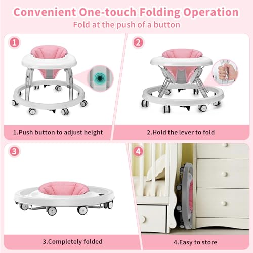 Image of Baby Walker with Wheels, One-Touch Folding Baby Walkers with Height Adjustment, Large Dinner Plate and Brake, Portable Walker for Baby Boy Girls 6-18 Months, Light Pink