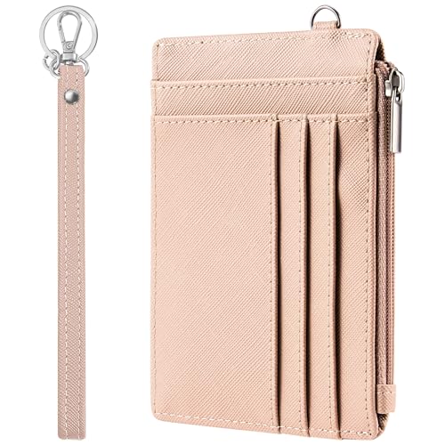 SEAVILIA Small Wallet for Women Slim Wristlet Keychain Wallets RFID Credit Card Holder With Zipper Pocket, ID Window (Pink)