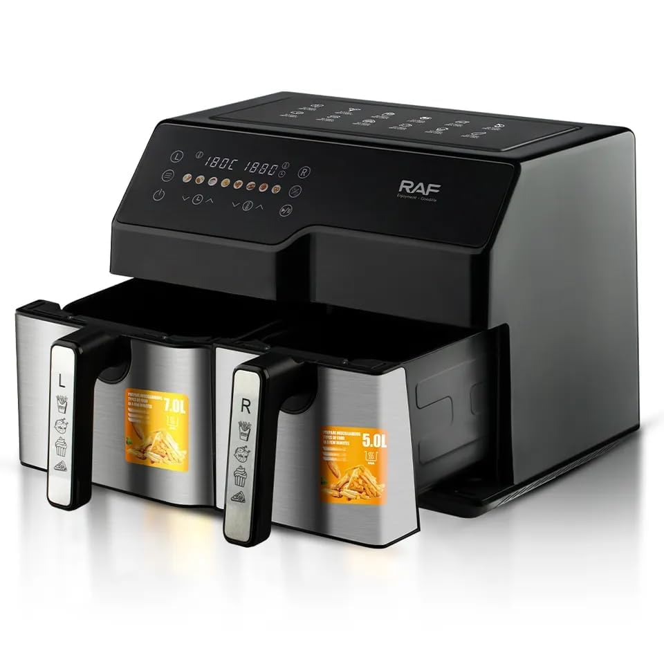 Dual Air Fryer Electric Digital Large Air Fryer with Air Crisp Technology, Preheat, Keep Warm, 11 Presets, Dishwasher Safe, Nonstick Basket (Black & Silver, 10L)