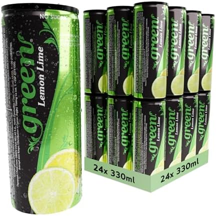 Green Lemon Lime - Low Calorie Soft Drinks - Sparkling Lemon Lime Flavour - No Added Sugar, Sweetened with Stevia, No Aspartame - Alternative Fizzy Drink - Bulk Pack 24 Cans x 330ml