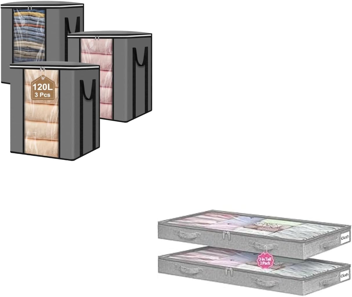 Extra Large Blanket & Clothes Storage Bags for Bedding & Comforters & Pillow & Low Profile Under Bed Storage, 3 Inches High Underbed Storage Containers Bins