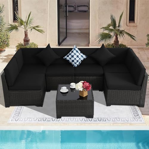 KIGOTY 7 Pieces Patio Furniture Sets Outdoor Furniture Patio Conversation Set,All-Weather PE Rattan Sectional Sofa with Cushions and Glass Table (Black Cushions, Black)