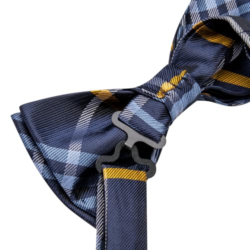 Image of Hi-Tie Plaid Blue Orange Bow Ties for Men Handkerchief Lapel Pin Cufflinks Mens Bowtie Sets for Wedding Formal Party