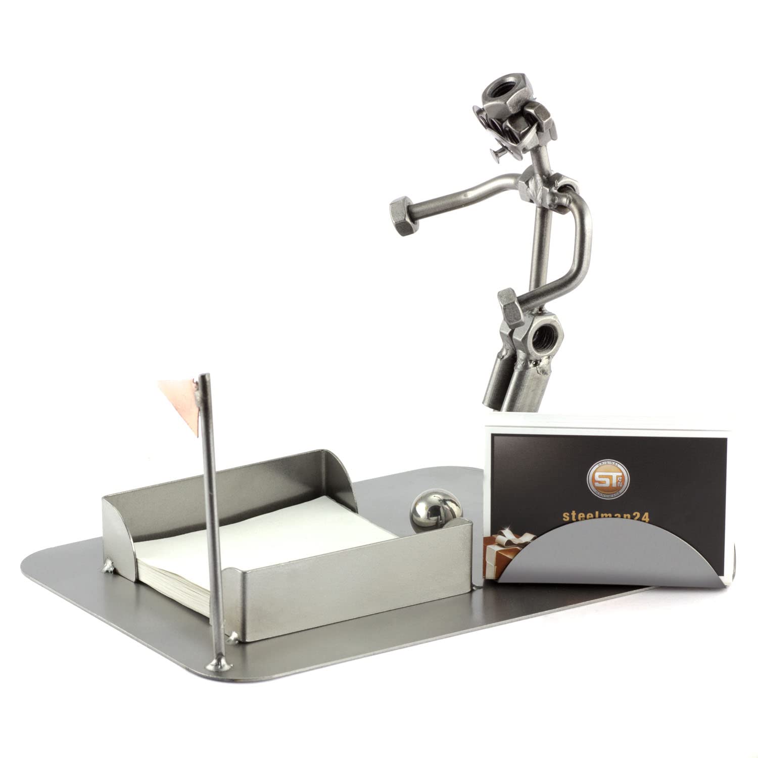 Steelman24 I Schraubenmännchen Fußballer Zettelbox Mit Visitenkartenhalter I Made in Germany I Handarbeit I Geschenkidee I Stahlfigur I Metallfigur I Metallmännchen