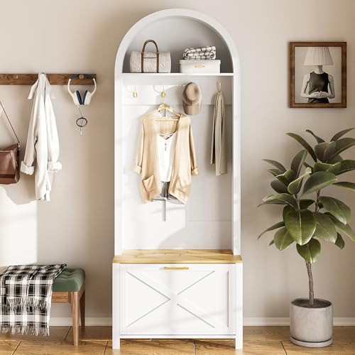 Merax meuble entree 75x35x195 cm, multifonctionnelle avec porte-manteaux, étagère et range-chaussures, design moderne avec pieds en fer stables, montage...