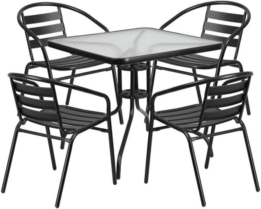 BOWERY HILL 3 Piece Square Patio Bistro Set, Black Finish, Includes Glass Top Table and 2 Stackable Chairs, All-Weather Indoor/Outdoor Use, Durable Commercial or Residential Patio Furniture