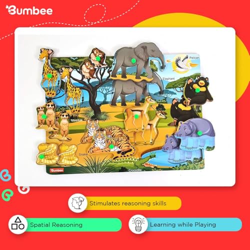 Image of Bumbee Wooden Puzzle Board for Kids | Puzzle Pieces with Knobs for Easy Grip | Montessori Learning Toys for Toddlers 2+ Years | Educational Preschool Puzzle Gift for Kids (Wild Animals Puzzle)