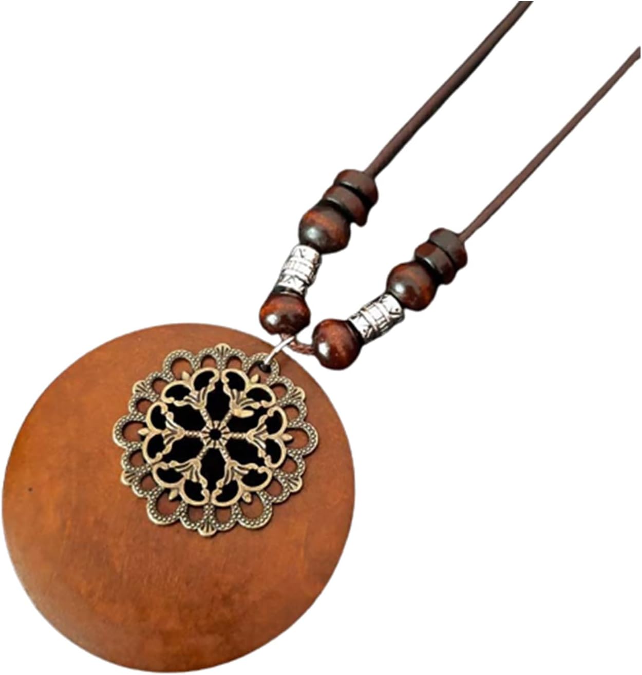 KIFEDSLJ Wooden Pendant Necklace with Owl Leaf Elephant Flower Handmade Vintage Bronze Leaf Long Leather Chain Sweater Necklace for Women