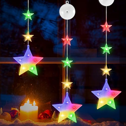 DazSpirit 3 Luces Ventana Navidad, Estrella Navidad con Luz (Colorida) | con 8 Modos y Temporizador Auto, LED Luces de Ventana, Cortina Led Pilas para Ventanas, Puertas y Fiesta (Estrella)