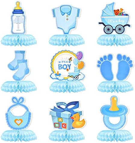 9 Pieces Blue Baby Boy Honeycomb Centerpieces Table Decor, It's a Boy Welcome Newborn Pattern Table Topper Ornaments Signs for Gender Reveal Baby Shower Party Decorations Photo Booth Props