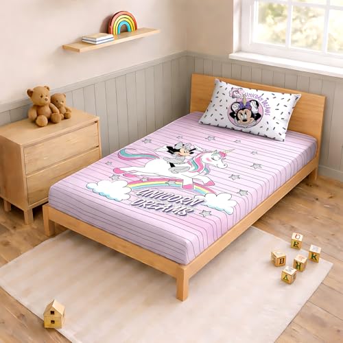 Image of Sassoon Disney Minnie & Unicorn Digital Printed, Cotton Single Bedsheet, 300 TC, 1 Pillow Cover, Fade Resistant, Bedsheet for Kid's Bedroom, (1.50m X 2.35m)