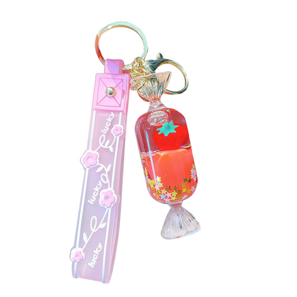 HSYHERE Girls Women Beautiful Floating Strawberry Milk Tea Cup Bubble Tea Keychain Pendant Key Ring Flower Strap, Feel Relax
