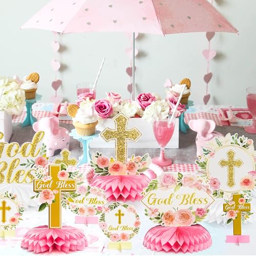 Image of ANGOLIO 12Pcs Floral God Bless Decorations First Communion Honeycomb Centerpiece Double Sided Table Toppers for Baby Girl Baptism Party Decor Christening Celebration Religious Photo Props Decor Girls