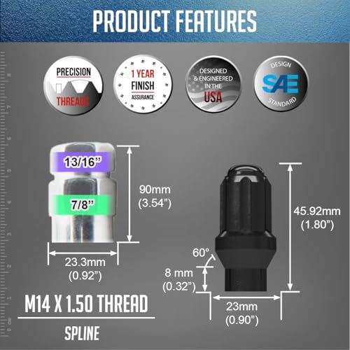 Image of Wheel Accessories Parts 24 Pcs M14x1.50 Thread ET Bulge Acorn 1.80 inch Long Spline Lug Nuts Black Truck Spline Hex Fits Silverado 1500 | Ford F-150 |Toyota Tacoma (for use with Wheels Spacers)
