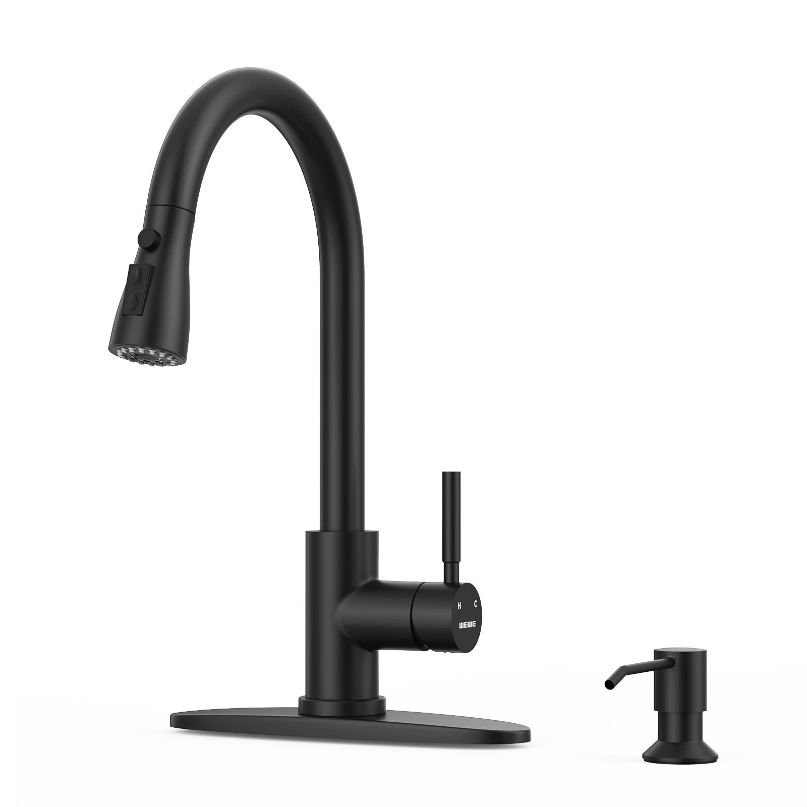 WEWE Kitchen Faucet with Soap Dispenser, Pull-Down Sprayer, Matte Black