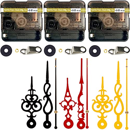 Image of YOPY Combo of 3 Ajanta Mfg. Battery Operated Plastic Ticking Clock Movement Machine with Hands (Black+Red+Gold)(Desing 6)