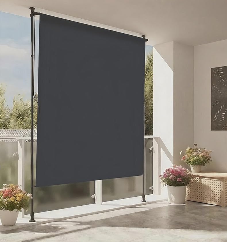 オーニングテント ​​縦型巻き上げ式​ プライバシースクリーン オーニング 幅150/200cm つっぱり式サンシェード 高さ調節可能 目隠し機能付き 窓・庭用 日除け 雨よけ UVカット (グレーポール*グレー布, 幅200cm)