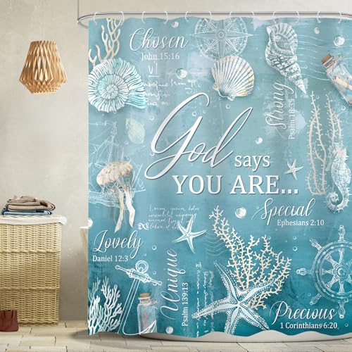 Omifly Blue Ocean Beach Bible Verse Shower Curtain 60Wx72H Inch Starfish Seashell Inspirational Quotes Nautical Christian Scriptures with 12 Plastic Hooks Fabric Waterproof Toilet Accessories Decor - Image 2