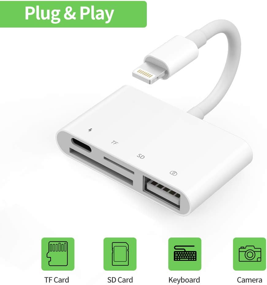 Card Reader, 4 in 1 USB Camera Connection Kit Memory Card SD/TF Card Reader Adapter with SD/TF Card Port for Phone iPad, USB 2.0 OTG Interface and Charging Port for Phone X/8/7