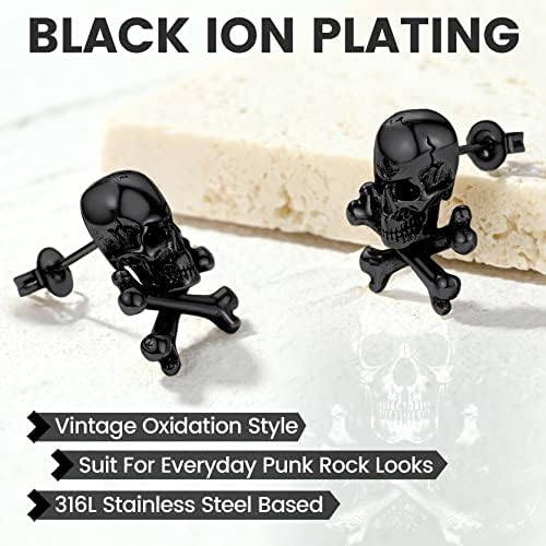 GoldChic Jewelry Skull Earrings Studs For Men, Stainless Steel Retro Vintage Gothic Skeleton Huggie Earrings, Halloween Gifts Hip Hop Jewelry for Man Boys