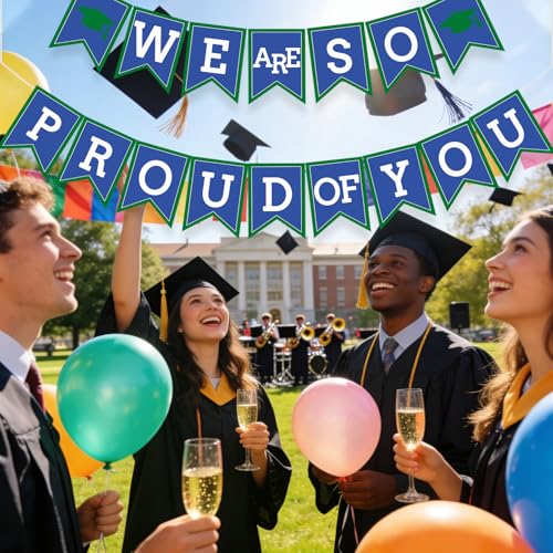 Image of Blue Green We Are So Proud Of You Banner Congrats Grad Cap Bunting Flag Grad Party Decoration Idea