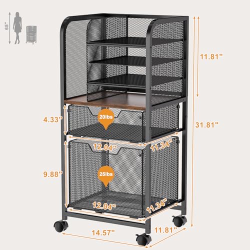 Image of Feyejade 6-Tier Rolling File Cart with 2 Drawers, File Cabinet Organizer for Hanging File Folders, Letter-Size File Storage with Wheels, Multi-Layer Mobile Filing Cabinet for Office and Home