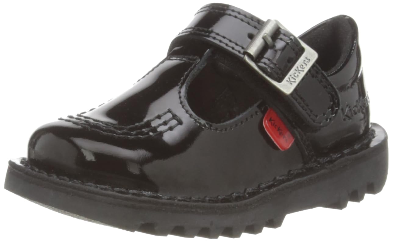 Kickers Kick T Bar Velcro Patent Leather Shoe, Black, Size 12 Younger