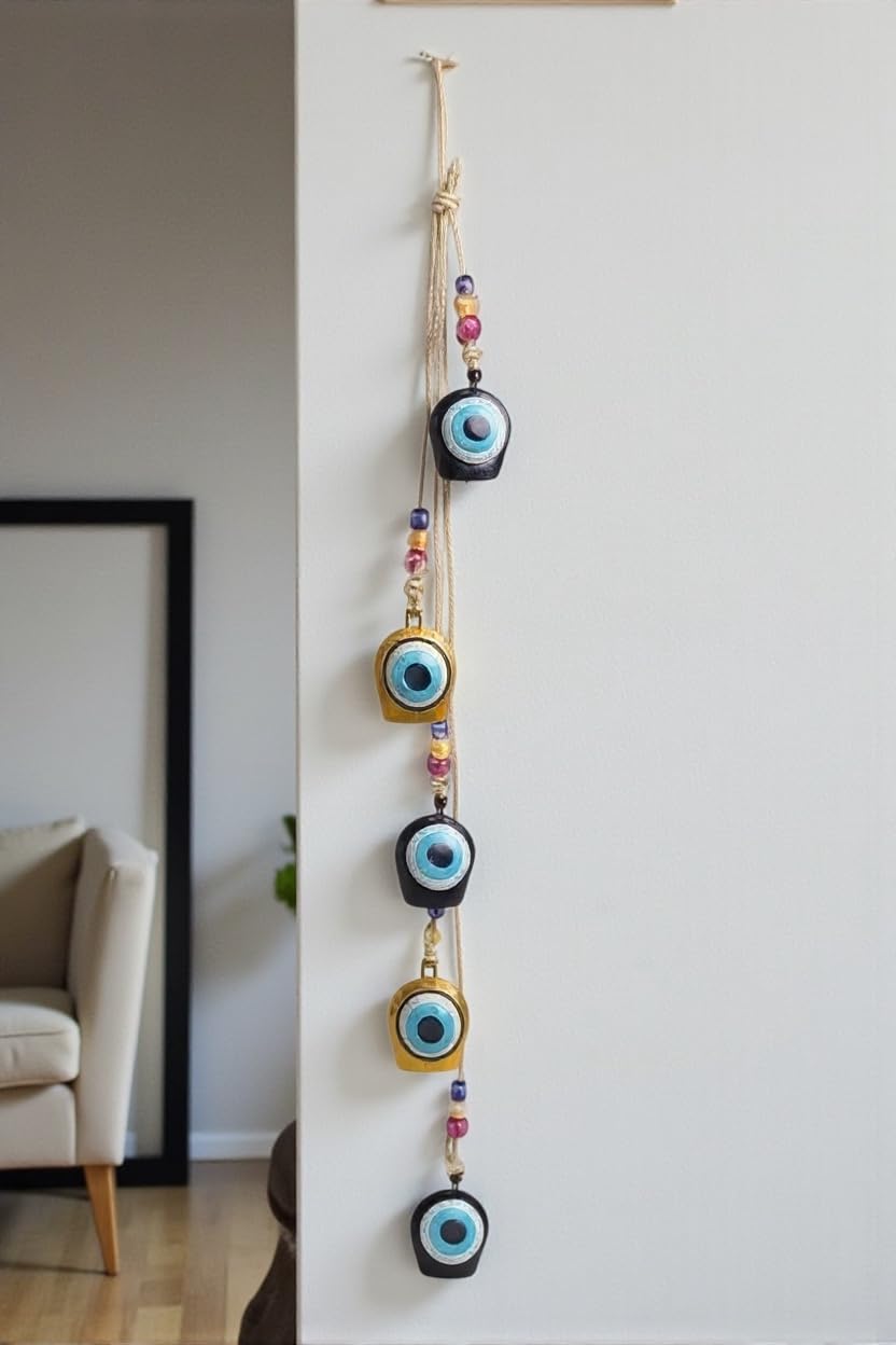 Hand-Painted Evil Eye 5 Bells Toran for Main Door Entrance & Living Room Wall Decor | Nazar Battu Protective Hanging | Metal Bells with Natural Jute Rope-image-42