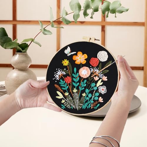 Image of Ohcol Embroidery Kit for Beginners, 4 Floral Patterns, Learn 33 Stitches, Pre-Printed Fabric, Hoop, Colored Threads and Needles, Easy Video Guide, DIY Hand Sewing Gift for Adults and Teens