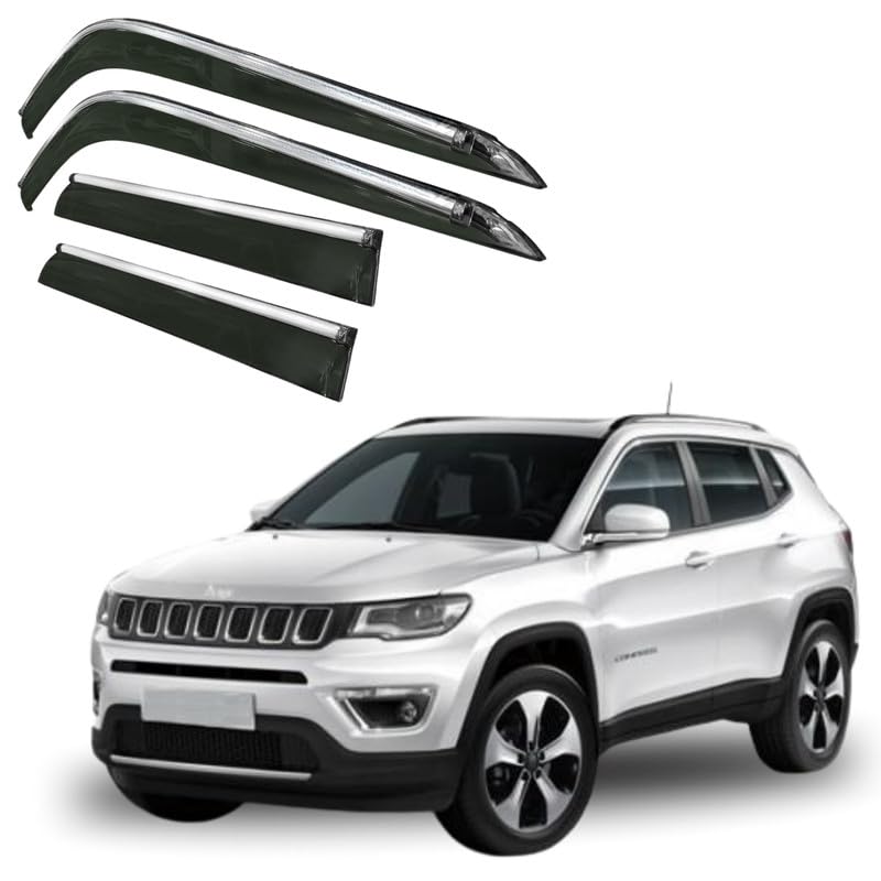 Image of CAR SAAZ Side Door Visors for Jeep Compass (2017-present)(Set of 4Pcs)|Chrome Lined Rain Guards, Polycarbonate, Smoke Finish
