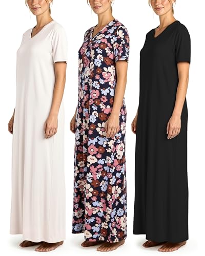 Image of Real Essentials 3 Pack: Women's Soft Maxi Long Nightshirt Short Sleeve Soft Nightgown Sleep Dress (Available in Plus Size)