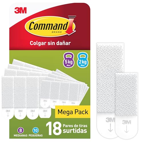 Command Tiras Adhesivas para Colgar Cuadros, 10 Pares de Tiras Pequeñas y 8 Medianas Blancas - Para Marcos, Espejos y Otros Adornos - Colgar sin Agujeros ni Taladrar