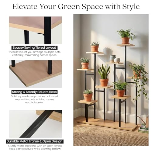 Image of ORILEY Florivo 8-Tier Vertical Wooden Plant Stand Indoor Flower Pot Holder Wood Display Racks for Potted Plants and Flowers Home Living Room Balcony & Garden Tall Shelf (Pack of 1)