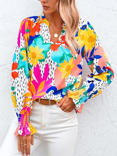 MASCOMODA Womens V Neck Floral Long Sleeve Tops 2025 Summer Casual Loose Puff Sleeve Chiffon Boho Work Blouse Dressy T Shirts