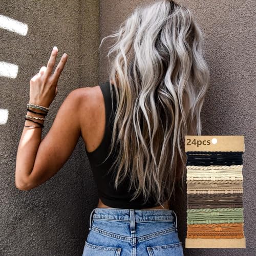 Hebterrka 24 Teiliges Boho Armband Haargummi Set,Boho Haarbänder Zopf Haarbänder,Pferdeschwanz Halter mit 6 Farben und 4 Stilvollen Designs für Damen