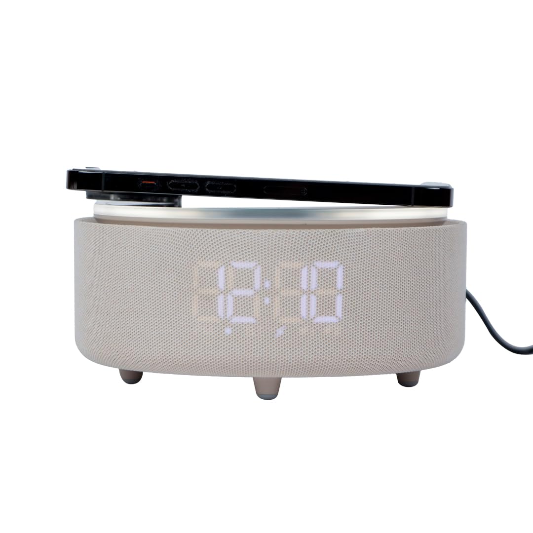 Make Up Specchio LED da Tavolo con Luce Dimmerabile, Ricarica Wireless Qi, Cassa Bluetooth e Orologio Digitale, Specchio Beauty per Trucco e Skincare (Beige)
