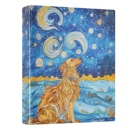 Image of 3 Ring Binder Golden Retriever Starry Night 1.5 inch Binders Three Ring Binders with Clipboard Fit 8.5'' x 11'' Paper 3 Interior PVC Clear Pockets for Office Supplies