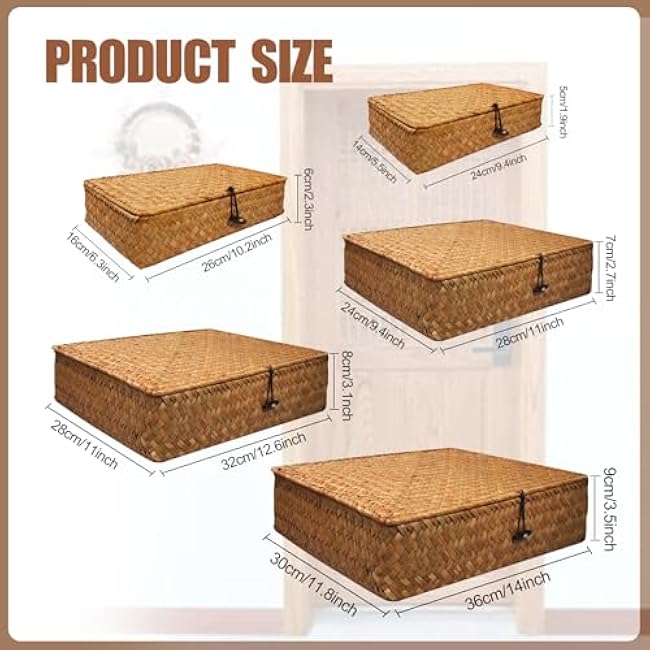 5 Pcs Seagrass Basket with Lid 5 Sizes Decorative Storage Boxes Rattan Wicker Storage Basket with Lids Woven Organizer Baskets Multipurpose Flat Storage Bins for Shelf Closet Bedroom (Brown)